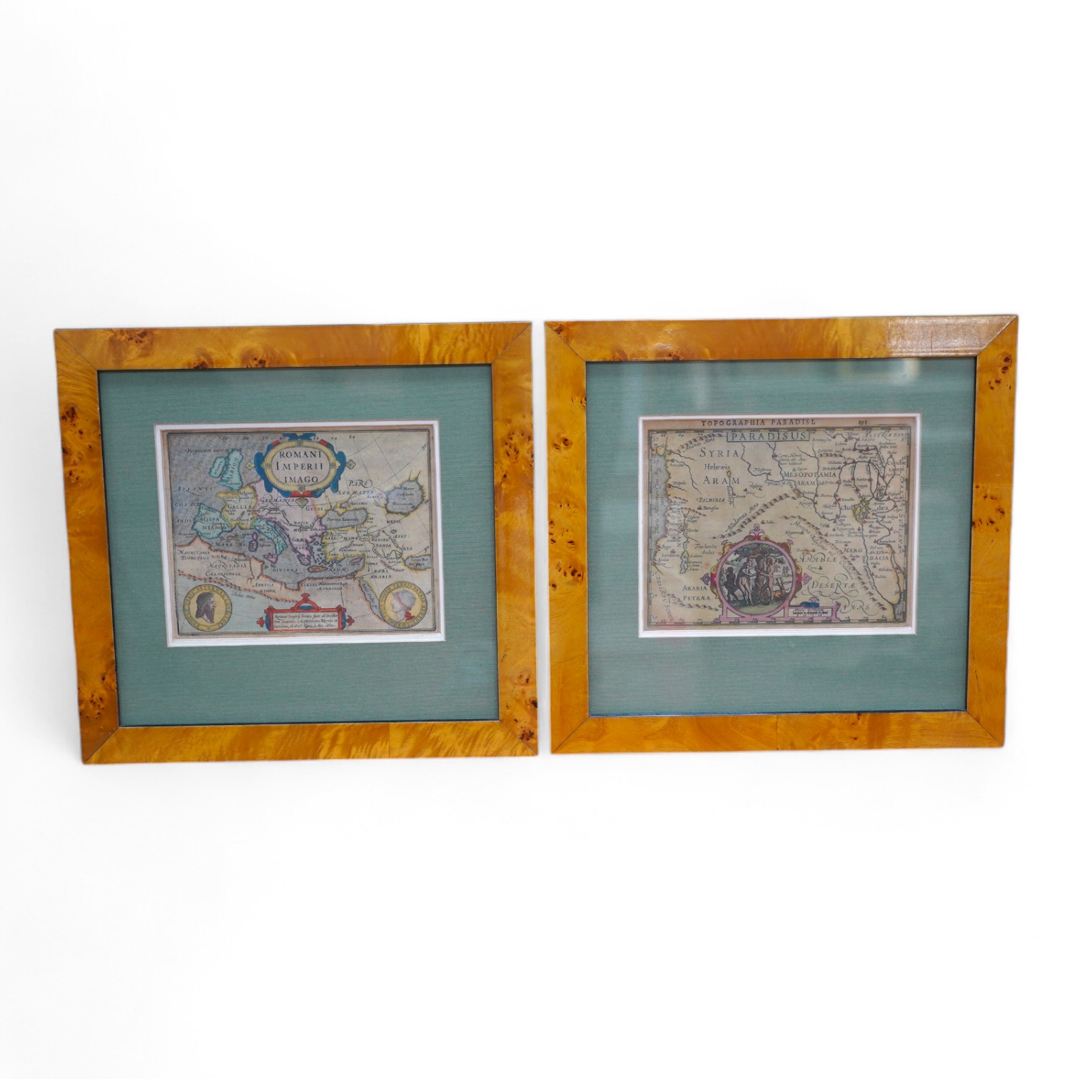 Hondius Mercator, two maple framed maps, “Romani Imperii Imago” and “Paradisus”, 15 x 20cm. Condition - fair to good